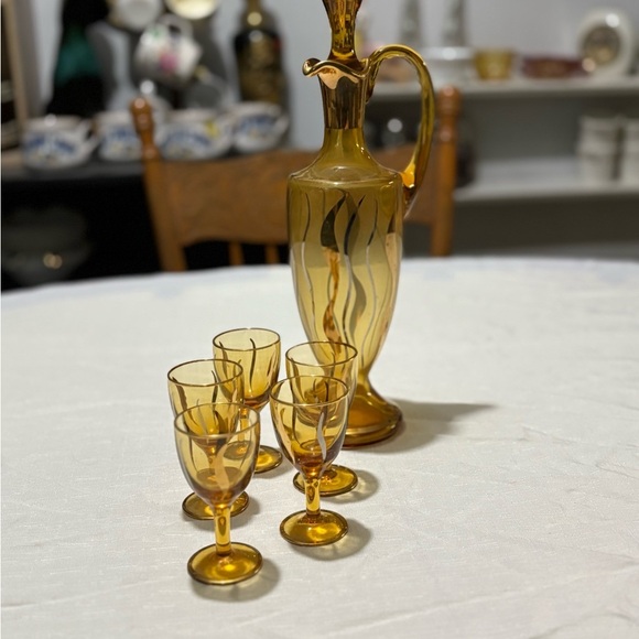 Vintage Amber Glass Decanter Set with Glasses - Picture 2 of 13